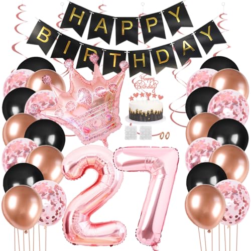 Juland 27. Geburtstag Deko Männer Frauen Schwarz Rose Gold Geburtstagsdeko Mädchen Junge Happy Birthday Banner 27 Jahre Geburtstag Nummer Folienballons Krone Konfetti Luftballons Tortenaufsatz von Juland