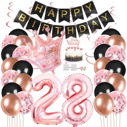 Juland 28. Geburtstag Deko Männer Frauen Schwarz Rose Gold Geburtstagsdeko Mädchen Junge Happy Birthday Banner 28 Jahre Geburtstag Nummer Folienballons Krone Konfetti Luftballons Tortenaufsatz von Juland