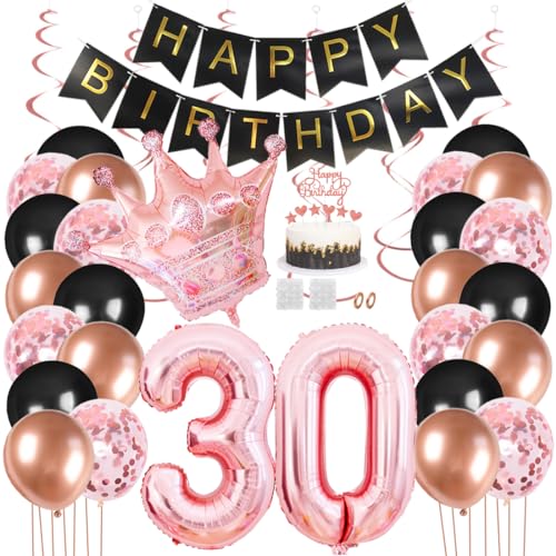 Juland 30. Geburtstag Deko Männer Frauen Schwarz Rose Gold Geburtstagsdeko Mädchen Junge Happy Birthday Banner 30 Jahre Geburtstag Nummer Folienballons Krone Konfetti Luftballons Tortenaufsatz von Juland