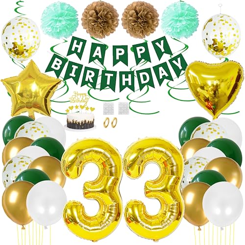 Juland 33. Geburtstag Deko Männer Frauen Grün Gold Geburtstagsdeko Mädchen Junge Happy Birthday Banner 33 Jahre Geburtstag Nummer Folienballons Pompons Konfetti Luftballons Pompons Tortenaufsatz von Juland