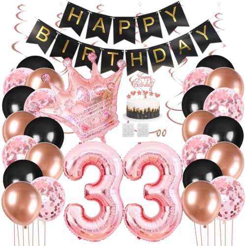 Juland 33. Geburtstag Deko Männer Frauen Schwarz Rose Gold Geburtstagsdeko Mädchen Junge Happy Birthday Banner 33 Jahre Geburtstag Nummer Folienballons Krone Konfetti Luftballons Tortenaufsatz von Juland