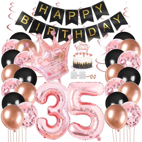 Juland 35. Geburtstag Deko Männer Frauen Schwarz Rose Gold Geburtstagsdeko Mädchen Junge Happy Birthday Banner 35 Jahre Geburtstag Nummer Folienballons Krone Konfetti Luftballons Tortenaufsatz von Juland