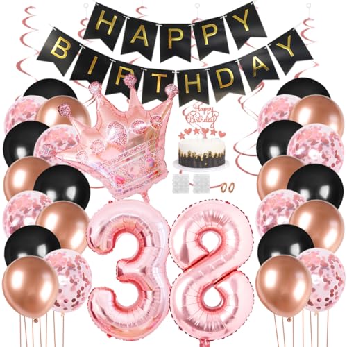 Juland 38. Geburtstag Deko Männer Frauen Schwarz Rose Gold Geburtstagsdeko Mädchen Junge Happy Birthday Banner 38 Jahre Geburtstag Nummer Folienballons Krone Konfetti Luftballons Tortenaufsatz von Juland