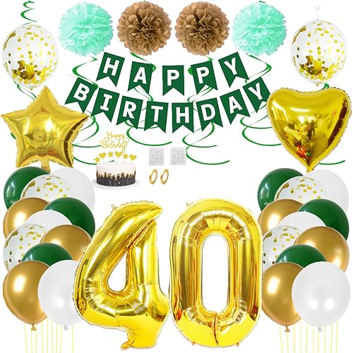 Juland 40. Geburtstag Deko Männer Frauen Grün Gold Geburtstagsdeko Mädchen Junge Happy Birthday Banner 40 Jahre Geburtstag Nummer Folienballons Pompons Konfetti Luftballons Pompons Tortenaufsatz von Juland