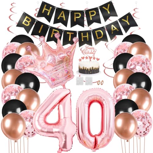 Juland 40. Geburtstag Deko Männer Frauen Schwarz Rose Gold Geburtstagsdeko Mädchen Junge Happy Birthday Banner 40 Jahre Geburtstag Nummer Folienballons Krone Konfetti Luftballons Tortenaufsatz von Juland