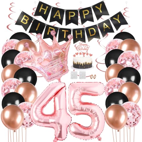 Juland 45. Geburtstag Deko Männer Frauen Schwarz Rose Gold Geburtstagsdeko Mädchen Junge Happy Birthday Banner 45 Jahre Geburtstag Nummer Folienballons Krone Konfetti Luftballons Tortenaufsatz von Juland