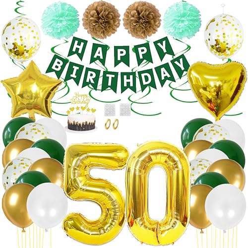 Juland 50. Geburtstag Deko Männer Frauen Grün Gold Geburtstagsdeko Mädchen Junge Happy Birthday Banner 50 Jahre Geburtstag Nummer Folienballons Pompons Konfetti Luftballons Pompons Tortenaufsatz von Juland