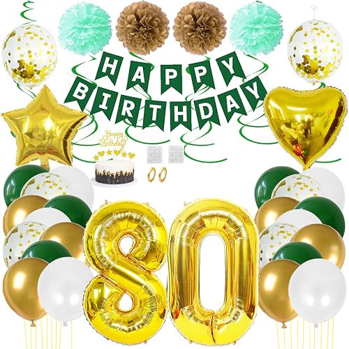 Juland 80. Geburtstag Deko Männer Frauen Grün Gold Geburtstagsdeko Mädchen Junge Happy Birthday Banner 80 Jahre Geburtstag Nummer Folienballons Pompons Konfetti Luftballons Pompons Tortenaufsatz von Juland