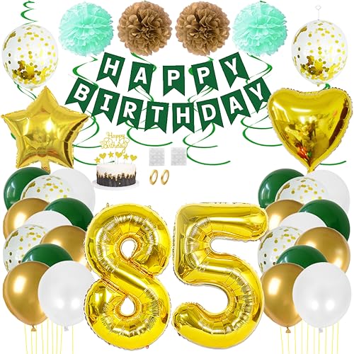 Juland 85. Geburtstag Deko Männer Frauen Grün Gold Geburtstagsdeko Mädchen Junge Happy Birthday Banner 85 Jahre Geburtstag Nummer Folienballons Pompons Konfetti Luftballons Pompons Tortenaufsatz von Juland