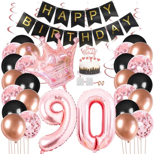 Juland 90. Geburtstag Deko Männer Frauen Schwarz Rose Gold Geburtstagsdeko Mädchen Junge Happy Birthday Banner 90 Jahre Geburtstag Nummer Folienballons Krone Konfetti Luftballons Tortenaufsatz von Juland