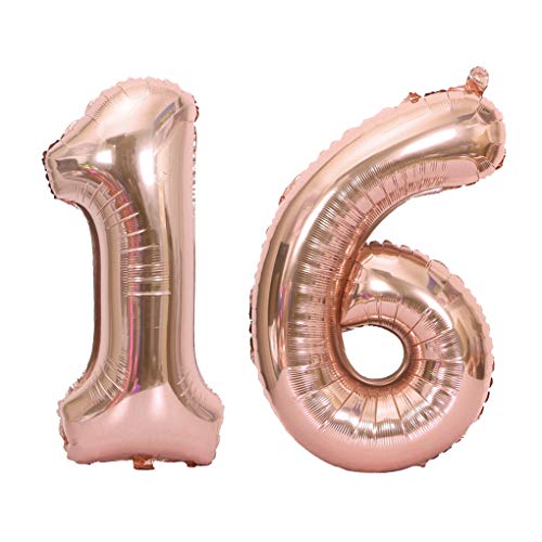 Juland Luftballons 16. Geburtstag XXL Riesen Folienballon Luftballon Zahl 16 Rose Gold Nummer Ballons Große Folienmylar-Ballons 40-Zoll-Riesen-Jumbo-Zahl-Ballons zum 16. Geburtstag Partydekorationen von Juland