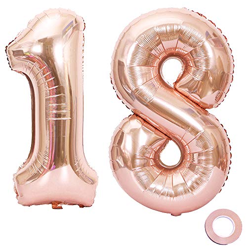 Juland Luftballons 18. Geburtstag XXL Riesen Folienballon Luftballon Zahl 18 Rose Gold Nummer Ballons Große Folienmylar-Ballons 40-Zoll-Riesen-Jumbo-Zahl-Ballons für 18. Geburtstagsfeierdekorationen von Juland