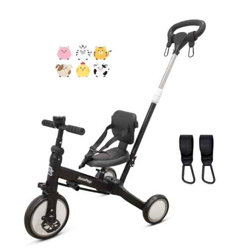 JumPop® Evolutionäres Dreirad 5-in-1 + Klingel mit Aufklebern + 2 Kletthaken | verstellbares Kinderfahrrad mit lustigen Accessoires (schwarz/weiß) von JumPop