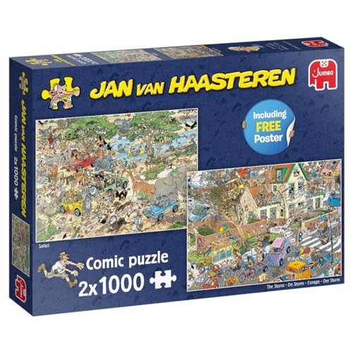 Jumbo Spiele Jan van Haasteren Puzzle 2x 1000 Teile - Der Sturm + Die Safari – 2 in 1 - ab 12 Jahren – Comic Puzzle, Multi Kleuren von Jumbo