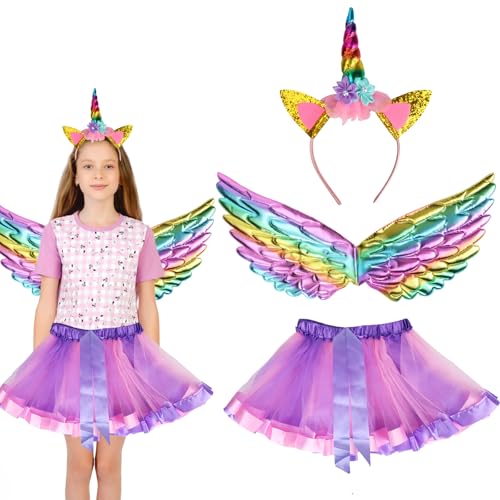 3 Stück Einhorn Kostüm Kinder Mädchen, Kinder Einhorn Cosplay Karneval Kostüm, Einhorn Kostüm Prinzessin Set mit Kleid Tüllrock, Einhorn Haarreif und Flügel Kinder für Mädchen Cosplay (Purple) von JunMallko