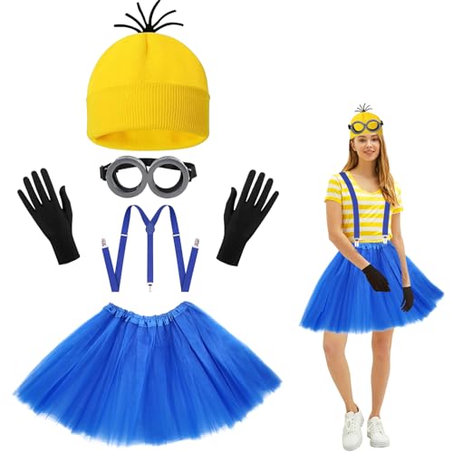 5 Stück Minions Kostüme Zubehör, Brille, Gelbe Mütze, kleinen Rock, Riemen, Schwarze Handschuhe Set, Karneval Kostüm Damen, Kostüm Zubehör für Halloween Cosplay, Karneval Film Kostüm für Damen Kinder von JunMallko