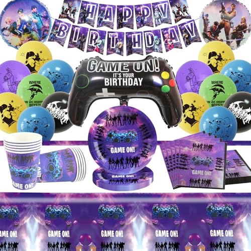 Fortnit Geburtstagsdeko, 65pcs Fortnit Partygeschirr Set, Fortnit Party Luftballon, Fortnit Geburtstags geschirr Banner, Teller, Tischdecken Game Party Dekorationen für Kinder von JunMallko