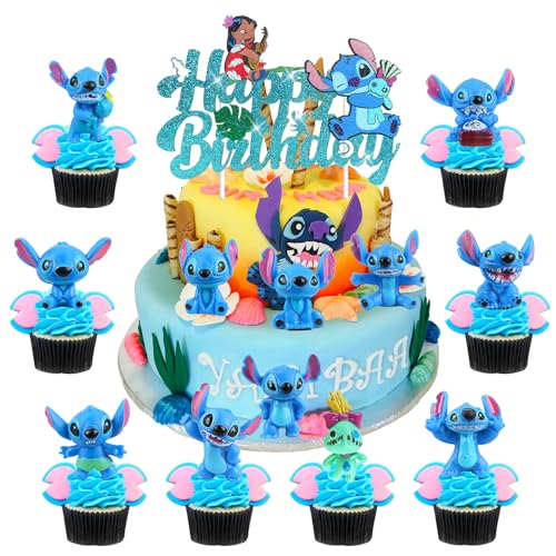 JunMallko 13 Stück Sti-tch Tortendeko, Sti-tch Tortenaufleger, Sti-tch Tortenfiguren, Sti-tch Geburtstag Deko, Sti-tch Cake Decoration, Sti-tch Cake Topper, Sti-tch Kinder Happy Birthday Tortendeko von JunMallko