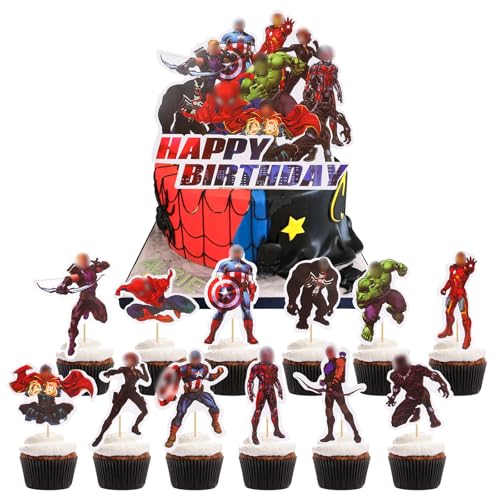 JunMallko 13 Stück Superheld Cake Toppers, Superheld Cupcake Topper, Muffin Deko, Superhelden Tortendeko, Kuchen Deko für Kinder, Spiderman Cake Toppers für Kinder Geburtstag von JunMallko