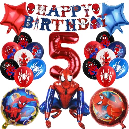 JunMallko 19 Stück Spider Geburtstagsdeko 5 Jahre, Spider Luftballons 5 Jahre, Riese 3D Spider Ballon, Spider Latexballons, Spider Kindergeburtstag Deko, Digitaler Ballon von JunMallko