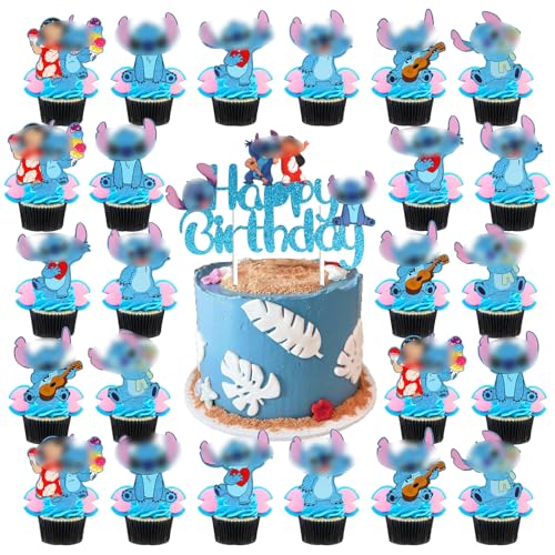 JunMallko 25 Stück Sti-tch Tortendeko, Sti-tch Tortenaufleger, Sti-tch Kuchen Deko, Sti-tch Geburtstag Deko, Sti-tch Cake Decoration, Sti-tch Cake Topper, Sti-tch Kinder Happy Birthday Tortendeko von JunMallko