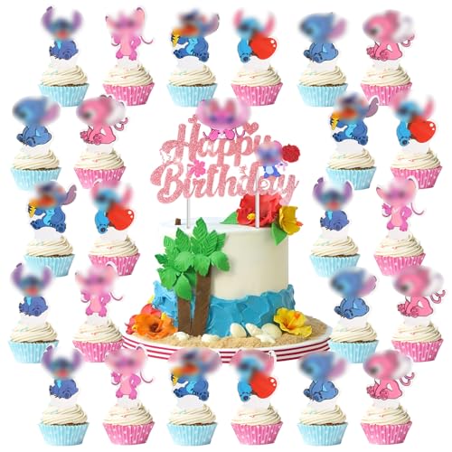 JunMallko 25 Stück Sti-tch Tortendeko, Sti-tch Tortenaufleger, Sti-tch Kuchen Deko, Sti-tch Geburtstag Deko, Sti-tch Cake Decoration, Sti-tch Cake Topper, Sti-tch Kinder Happy Birthday Tortendeko von JunMallko