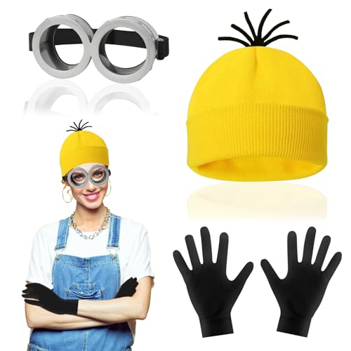 JunMallko 3 Stück Halloween Kostüme für Erwachsene Kinder, 1 Brille Gelbe 1 Mütze 1 Schwarze Handschuhe Set, Kostüm Zubehör für Halloween Cosplay, Karneval Film Kostüm für Damen Herren Kinder von JunMallko