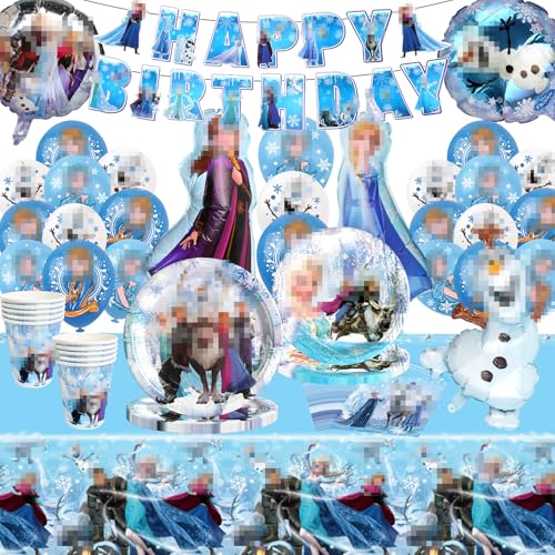 JunMallko 65 Pcs Frozen Party Geschirr, Frozen Geburtstagsdeko, Frozen Geburtstag Party Geschirr Set Enthält Banner, Pappteller, Pappbecher, Servietten, Tischdecken und Luftballons - 10 Portionen von JunMallko