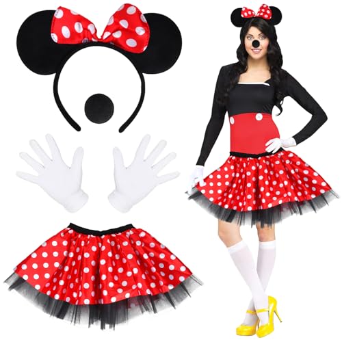 JunMallko Damen Maus Mouse Kostüm, Damen Maus Kostüm für Mädchen Erwachsener, Tutu Rot mit Weiß Gepunktet, Haarreifen mit Maus Ohren, Handschuhe Nase Set, Karneval Fasching Cosplay für Erwachsene von JunMallko