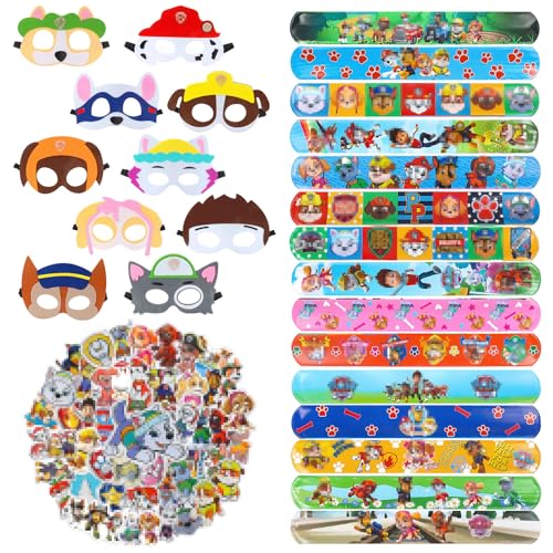 JunMallko Paw Dog Mitgebsel Set, Paw Dog Spielzeug, 10 x Paw Dog Party Masken, 15 x Paw Dog Schnapparmband, 50 x Paw Dog Aufkleber, Jungen-Mädchen-Party-Geburtstags-Geschenke von JunMallko