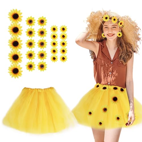 JunMallko Sonnenblumen Kostüm Accessoires Set, Damen Sonnenblumen Kostüm, Gelb Tüllrock, Sonnenblumen Haarschmuck, Sonnenblumen Blütenköpfe, Sonnenblumen Kostüm Damen für Karneval Halloween Fasching von JunMallko