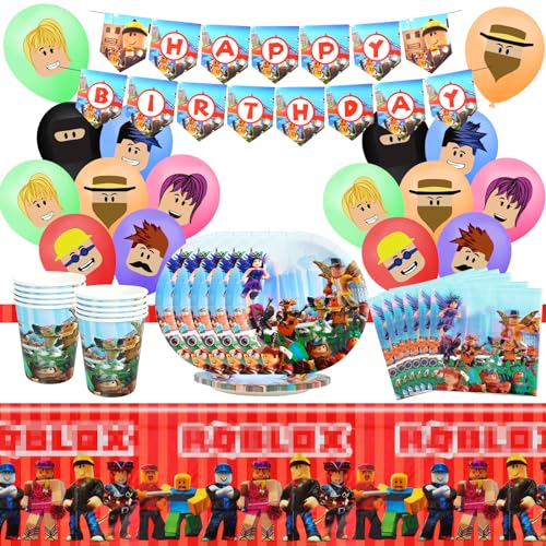 Roblo Geburtstag Deko, 57 PCS Roblo Partygeschirr Set, Roblo Kindergeburtstag Deko, Roblo Luftballons, Teller, Tassen, Servietten, Tischdecken, Banner, Roblo Party Deko - 10 Gäste von JunMallko