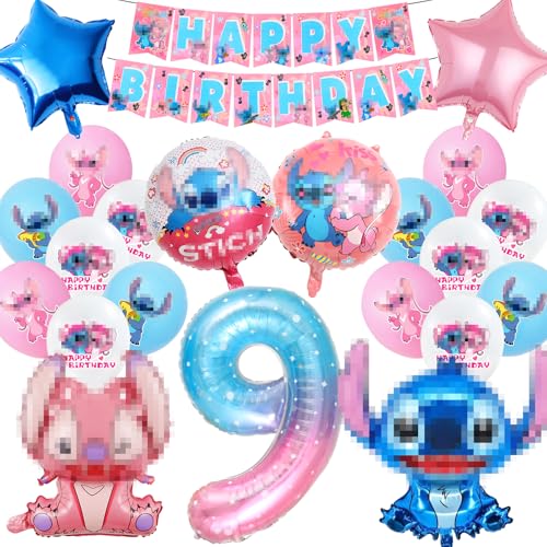 Sti-tch Geburtstagsdeko Junge Mädchen 9 Jahre, 26 Stück Kindergeburtstag Sti-tch Luftballons Geburtstag Set, Sti-tch Helium Ballon 9, Stich Geburtstag Party Deko Ballons Set für Kinder (9 Jahre) von JunMallko