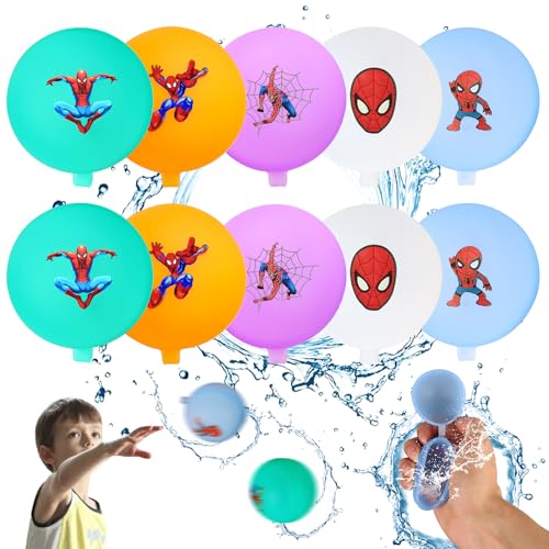 10 Stück Wiederverwendbare Wasserballons, Spiderman Wasserbomben Selbstdichtend, Silikon Wasserbomben für Kinder Erwachsene, Schnell Wiederbefüllbare, Wasserbomben für Outdoor, Wasserpark von JunMallko