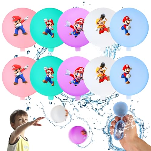 10 Stück Wiederverwendbare Wasserballons, Super Mario Wasserbomben Selbstdichtend, Silikon Wasserbomben für Kinder Erwachsene, Schnell Wiederbefüllbare, Wasserbomben für Outdoor, Wasserpark von JunMallko