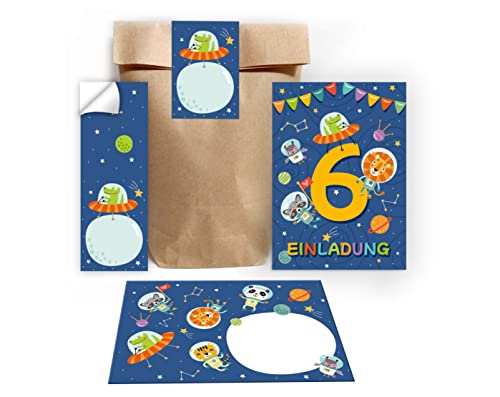 12 Einladungskarten zum 6. Kindergeburtstag sechste Geburtstag Jungen Mädchen Astronautenparty Weltall incl. 12 Umschläge, 12 Tüten/Natur, 12 Aufkleber von Junapack