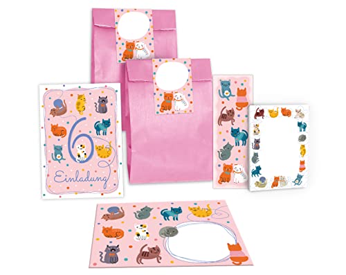 12 Einladungskarten zum 6. Kindergeburtstag sechste Geburtstag Mädchen Jungen Katzen Katze incl. 12 Umschläge, 12 Tüten/rosa, 12 Aufkleber, 12 Lesezeichen, 12 Blöcke von Junapack