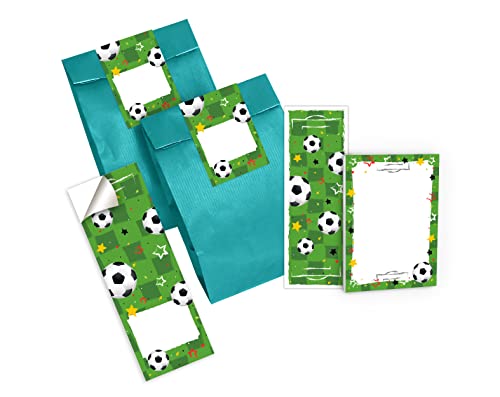 12 Lesezeichen + 12 Mini-Notizblöcke + 12 Geschenktüten (Petrol) + 12 Aufkleber Fussball Fußball Mitgebsel Gastgeschenk beim Kindergeburtstag Jungen von Junapack