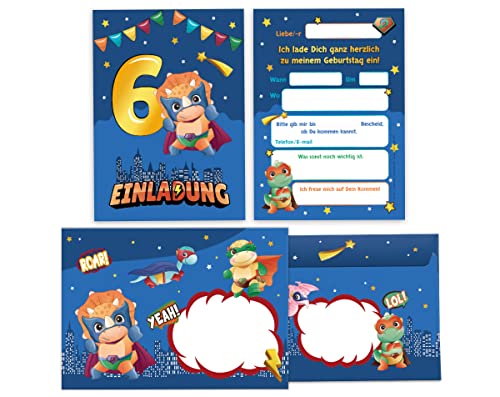 Junapack 12 Einladungskarten incl. 12 Umschläge zum 6. Kindergeburtstag sechste Geburtstag Jungen Dinosaurier Dino Geburtstagseinladungen von Junapack