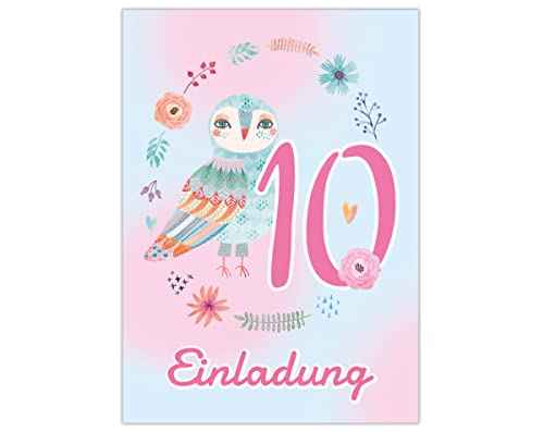 Junapack 12 Einladungskarten zum 10. Kindergeburtstag Einladung zum zehnten Geburtstag Mädchen Eule von Junapack