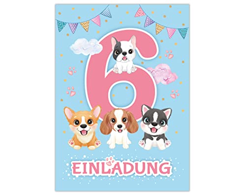 Junapack 12 Einladungskarten zum 6. Kindergeburtstag Einladung zum sechsten Geburtstag Mädchen Hunde von Junapack