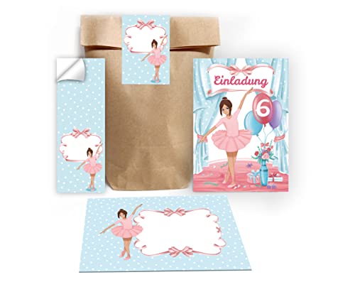 Junapack 12 Einladungskarten zum 6. Kindergeburtstag sechste Geburtstag Mädchen Ballerina incl. 12 Umschläge, 12 Tüten/Natur, 12 Aufkleber von Junapack