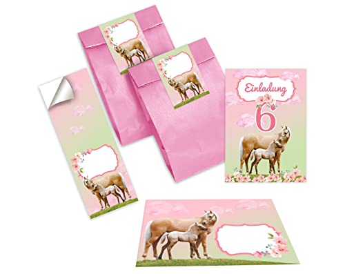 Junapack 12 Einladungskarten zum 6. Kindergeburtstag sechste Geburtstag Mädchen Pferd mit Fohlen mit Einhorn incl. 12 Umschläge, 12 Tüten/rosa, 12 Aufkleber von Junapack