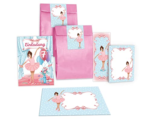 Junapack 12 Einladungskarten zum 7. Kindergeburtstag siebte Geburtstag Mädchen Ballerina incl. 12 Umschläge, 12 Tüten/rosa, 12 Aufkleber, 12 Lesezeichen, 12 Blöcke von Junapack