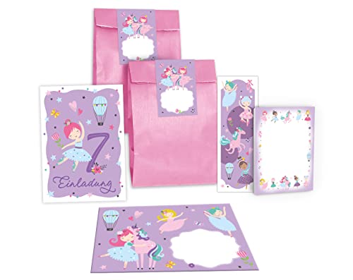 Junapack 12 Einladungskarten zum 7. Kindergeburtstag siebte Geburtstag Mädchen Ballerina incl. 12 Umschläge, 12 Tüten/rosa, 12 Aufkleber, 12 Lesezeichen, 12 Blöcke von Junapack