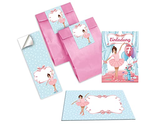 Junapack 12 Einladungskarten zum 7. Kindergeburtstag siebte Geburtstag Mädchen Ballerina incl. 12 Umschläge, 12 Tüten/rosa, 12 Aufkleber von Junapack