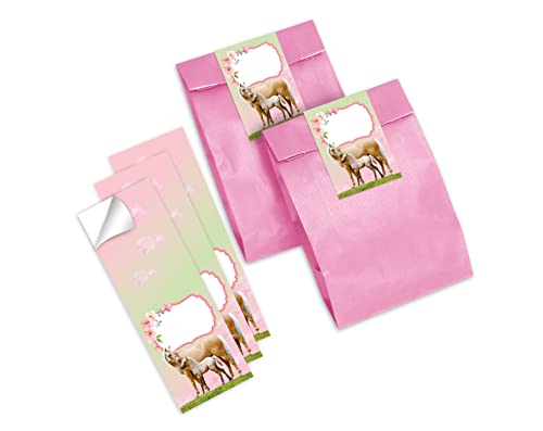 Junapack 12 Geschenktüten (rosa) + 12 Aufkleber Pferd mit Fohlen für Mitgebsel Gastgeschenk beim Kindergeburtstag Mädchen von Junapack