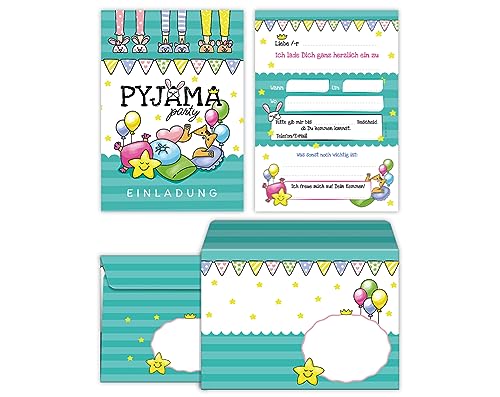 12 Einladungskarten incl. 12 Umschläge zum Kindergeburtstag Pyjamaparty Pyjama-Party Übernachtungsparty Lesenacht-Party für Mädchen und Jungen von Junaversum