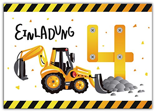 12 Einladungskarten zum 4. vierten Kindergeburtstag Jungen Baustelle Bagger von Junaversum