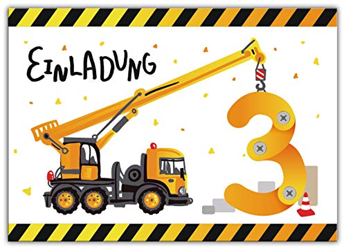 6 Einladungskarten zum 3. dritten Kindergeburtstag Jungen Baustelle Bagger von Junaversum